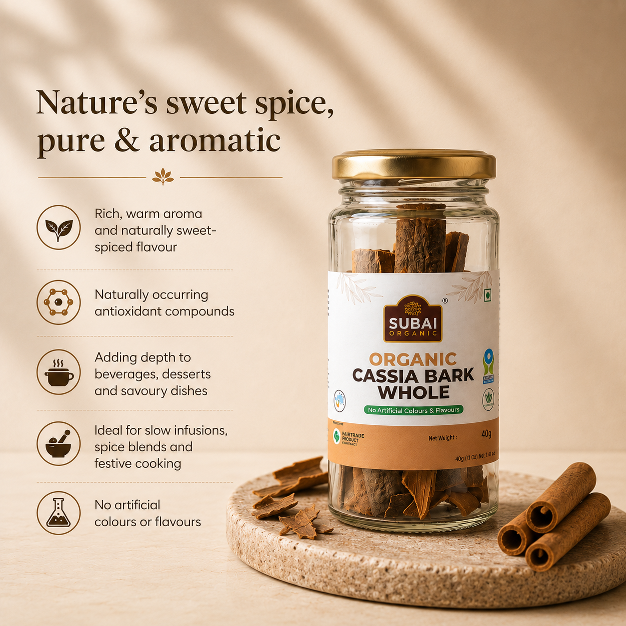 Organic Cassia Bark Whole (40g)