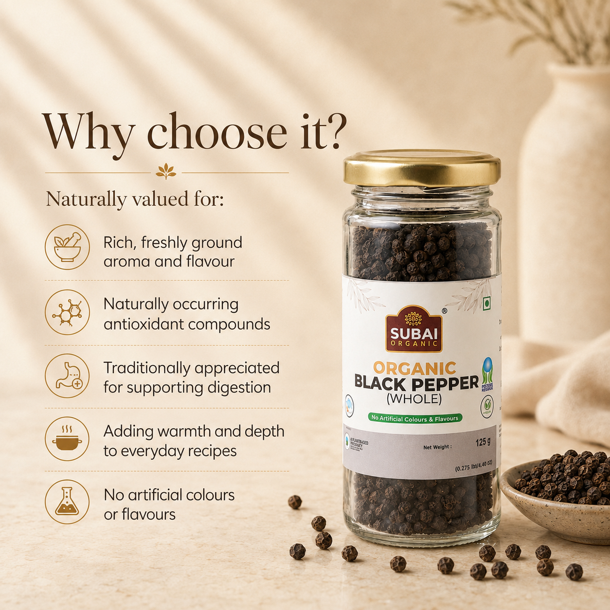 Organic Black Pepper Whole (125g)