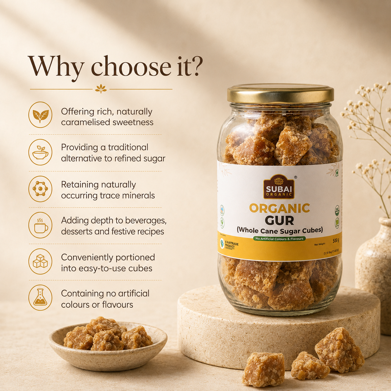 Organic Gur (Whole cane sugar cubes) (500g)